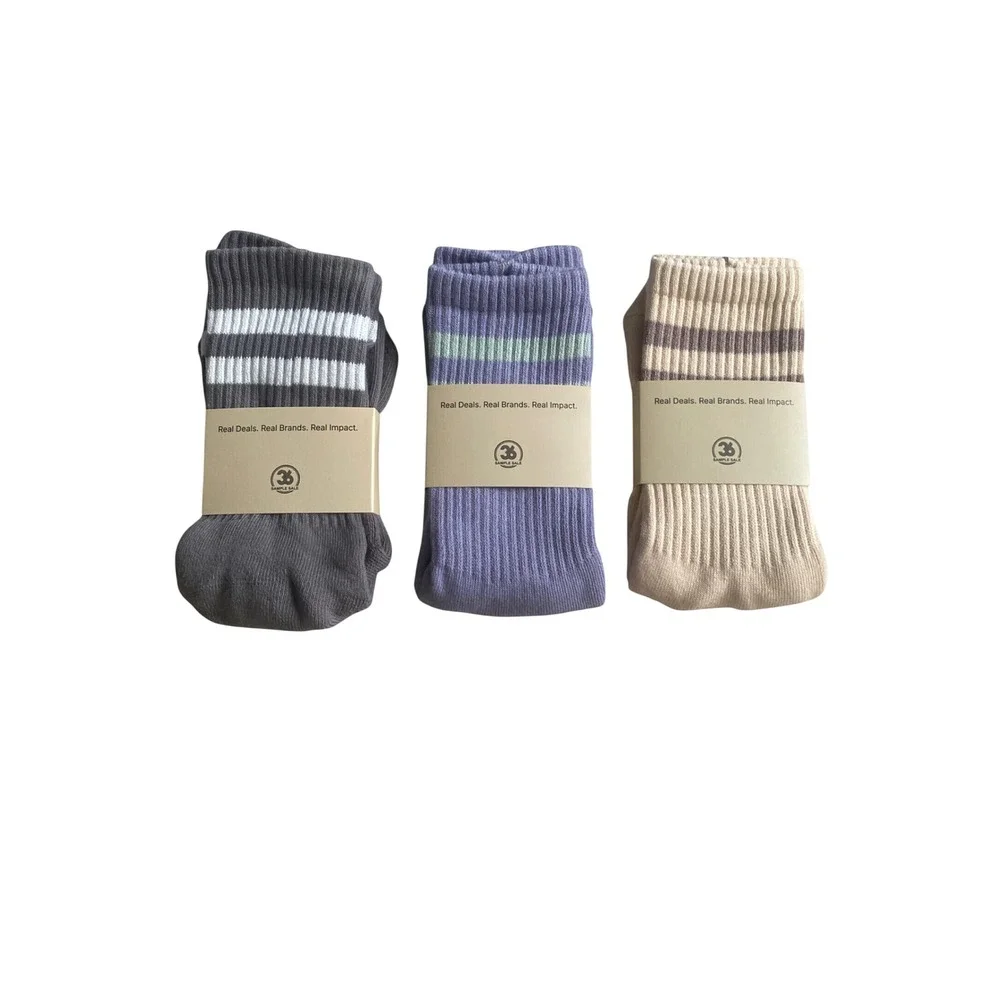 36 Sample Sale 3 Pack Grip Socks Grey Purple Cream Non-Slip Yoga Pilates Crew